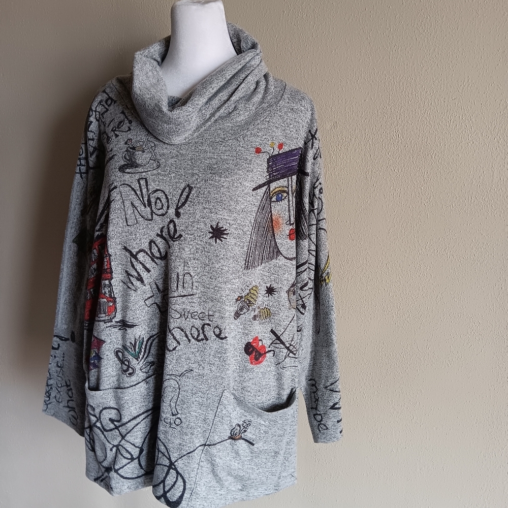 Artsy Creative Inoah Graphic Graffiti Turtleneck Illustrated Sweatshirt Small - Picture 6 of 14